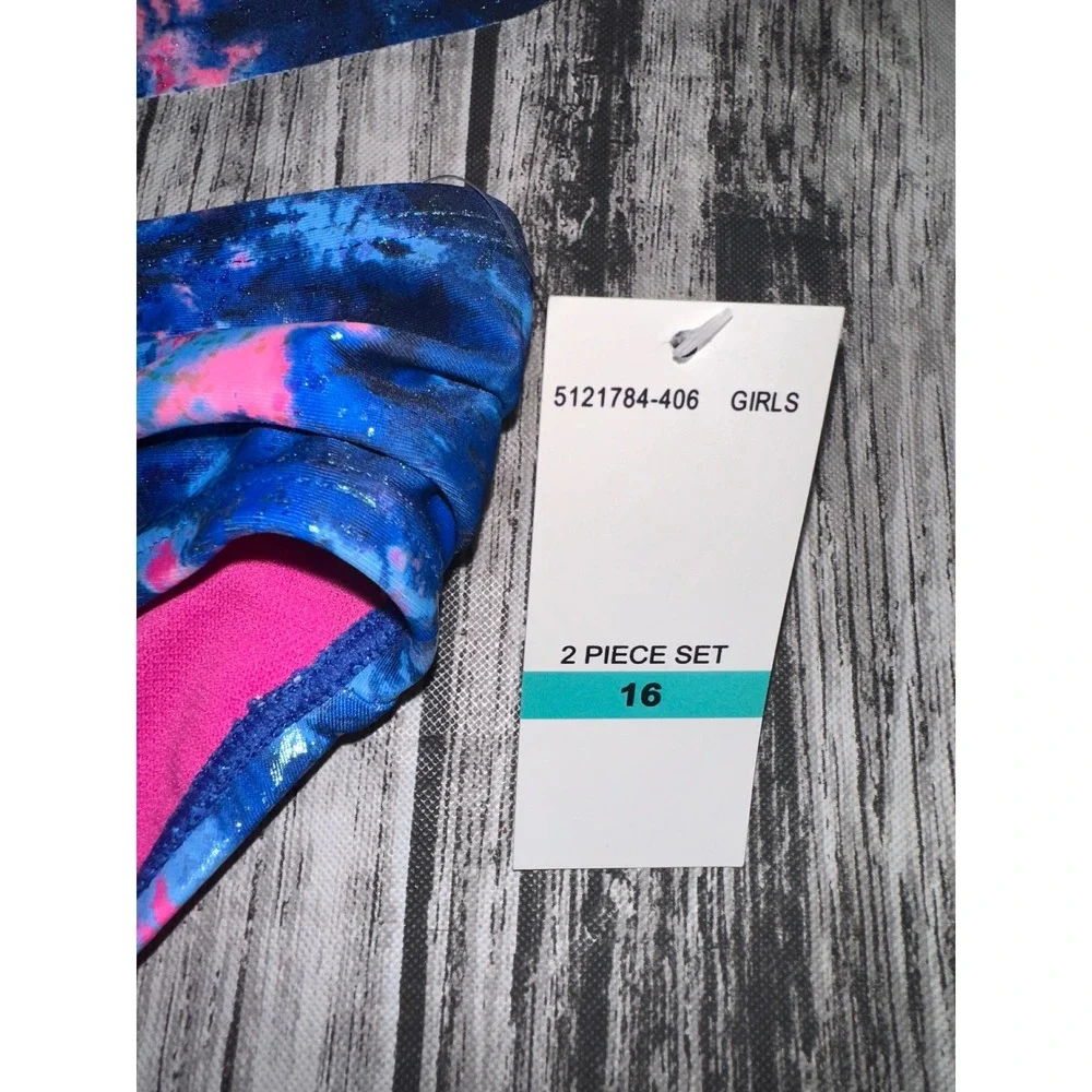 Under Armour bikini set tie-dye style print photon blue and bright pink 16 girls